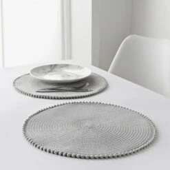 B&M Grey Round Pom Pom Placemats 4pk