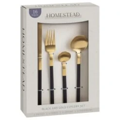 B&M Homestead Matte Black & Gold Cutlery Set 16pc -Home Accessories Shop 375296 homestead 16 piece black and gold cutlery