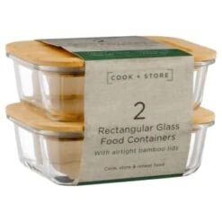 B&M Rectangular Glass Food Containers With Bamboo Lids 2pk -Home Accessories Shop 376824 2pk regular glass food containers1