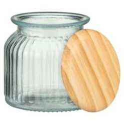B&M Small Ribbed Glass Jar With Wooden Lid -Home Accessories Shop 394427 ribbed glass jar with wooden lid small