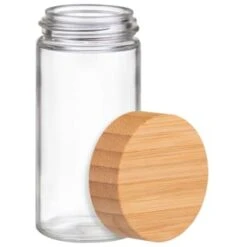 B&M Set Of 4 Glass Spice Jars With Bamboo Wood Base -Home Accessories Shop 394437 set of 4 glass spice jars with bamboo wood lid and base 2