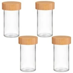 B&M Set Of 4 Glass Spice Jars With Bamboo Wood Base -Home Accessories Shop 394437 set of 4 glass spice jars with bamboo wood lid and base group
