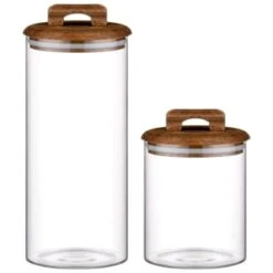 B&M Small Glass Jar With Acacia Wood Lid -Home Accessories Shop 394438 394439 glass canister with acacia wood group